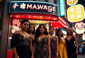 Six women in elegant evening gowns pose in front of a brightly lit Asian massage parlor.