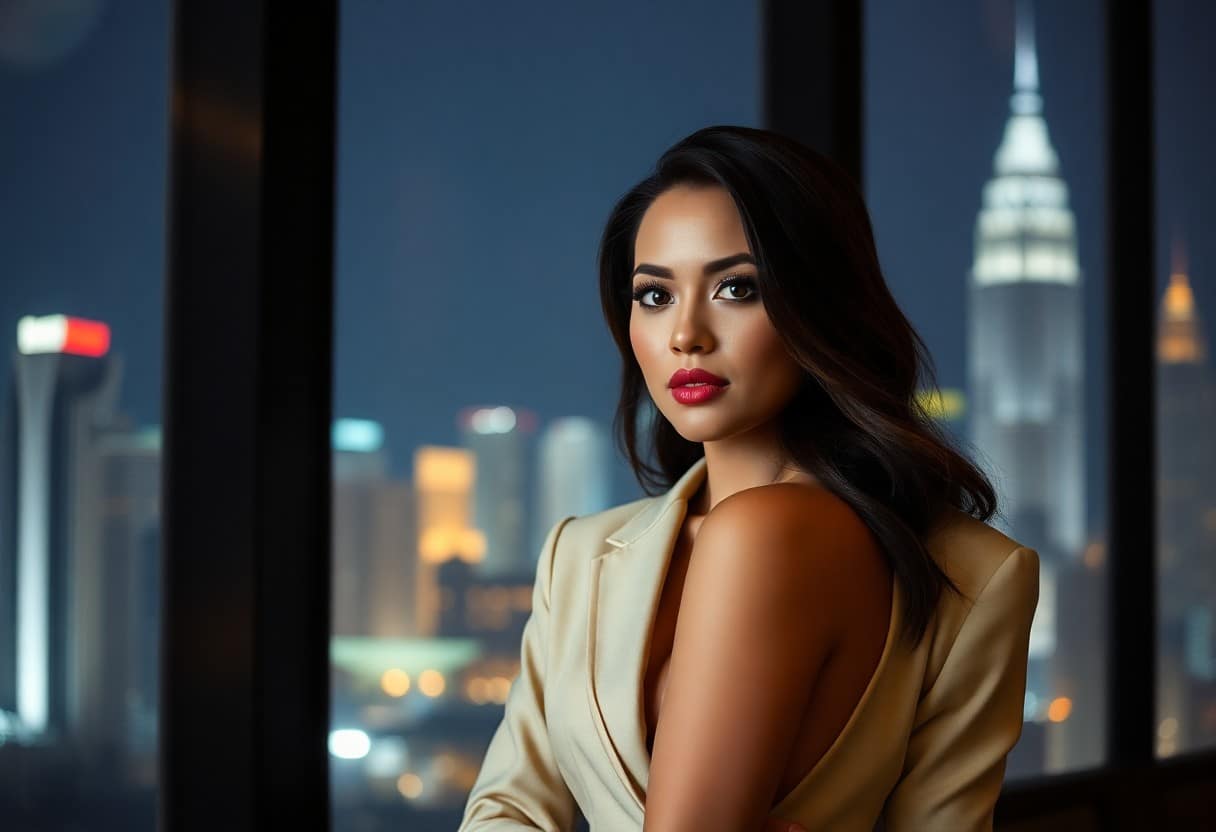 Confident woman in beige blazer, city night view