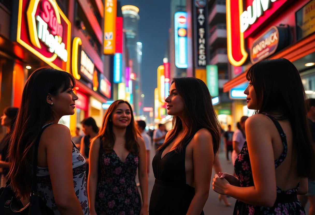 Four young women enjoying a night out in a vibrant city, neon lights illuminating the urban scene.