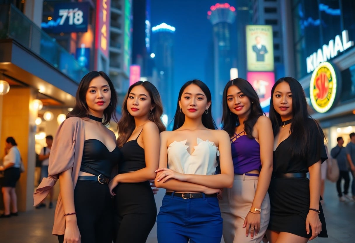 Four young women pose together in a vibrant city at night. Stylish outfits, city lights.