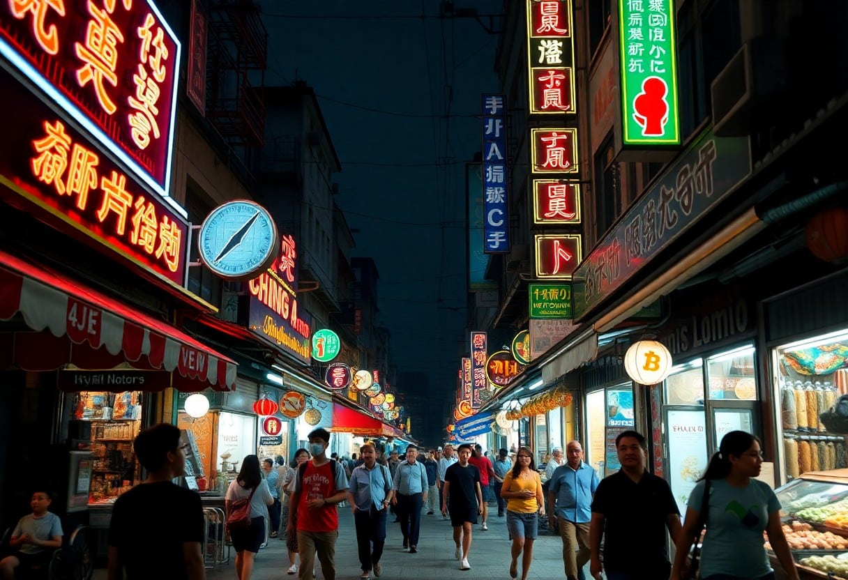 Night market in Asia with vibrant neon signs and crowds of people.