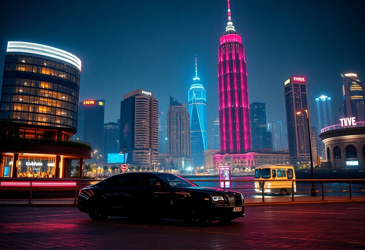 Black Rolls-Royce at night, Dubai skyline with illuminated skyscrapers