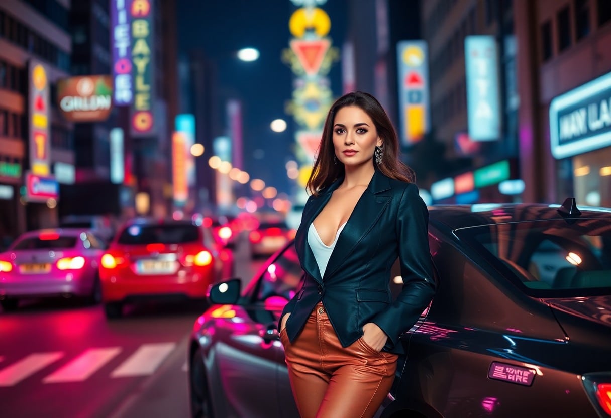 Stylish woman in leather jacket and leather pants poses next to a luxury car at night.