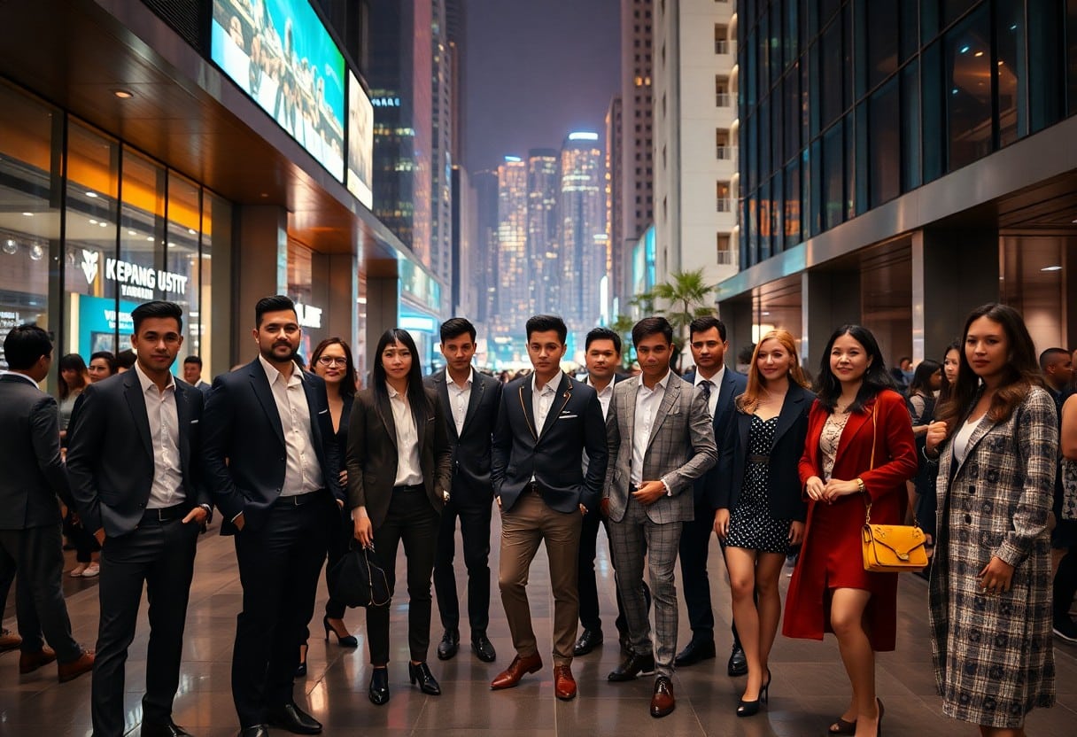 Group of young professionals in business attire posing for a photo in a modern city setting.