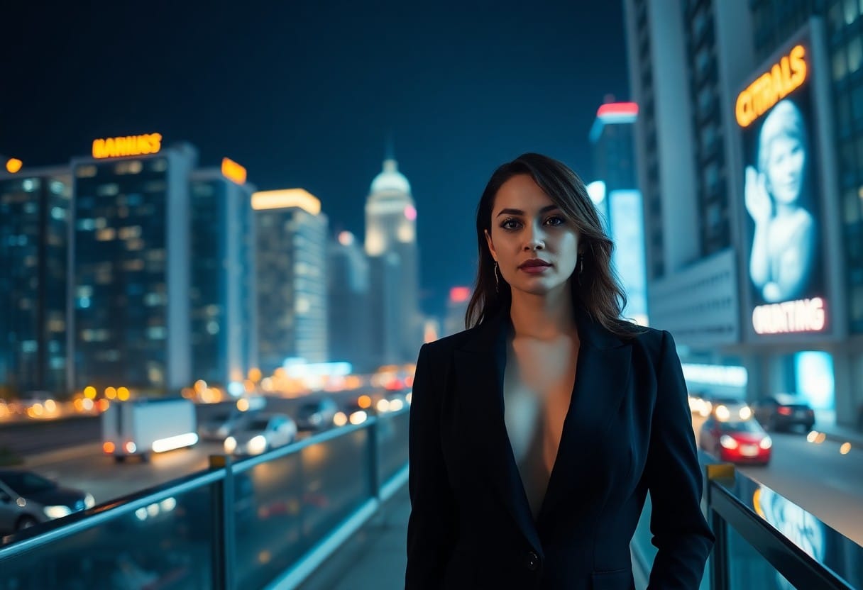 Confident woman in black blazer against city lights at night