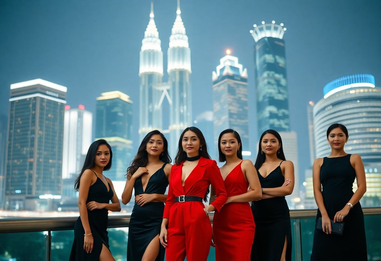Five stylish women in elegant evening gowns pose against the Kuala Lumpur skyline.