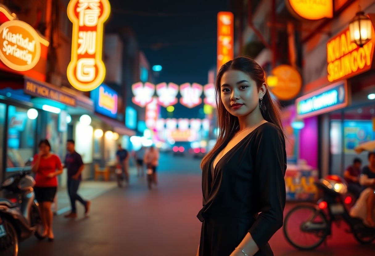 Young woman in black dress poses in a vibrant, neon-lit Asian city street.