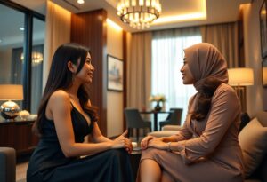 Two women in elegant attire converse in a luxurious hotel living room.
