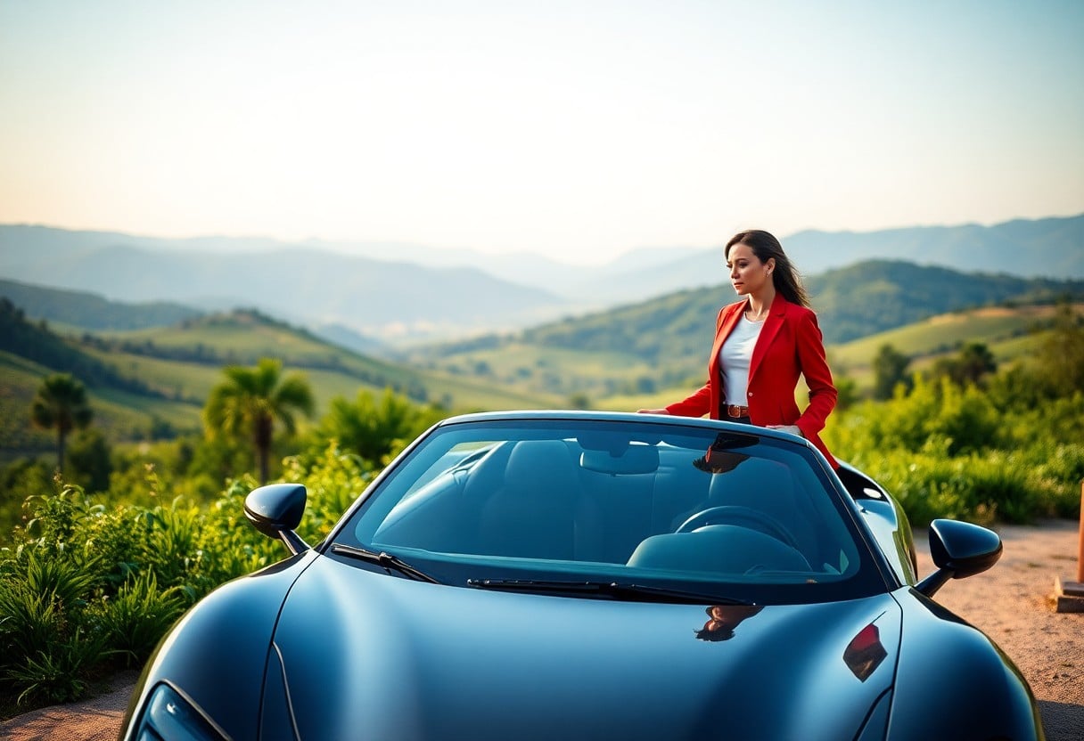 Woman in red jacket standing on a luxury sports car overlooking a scenic vineyard.