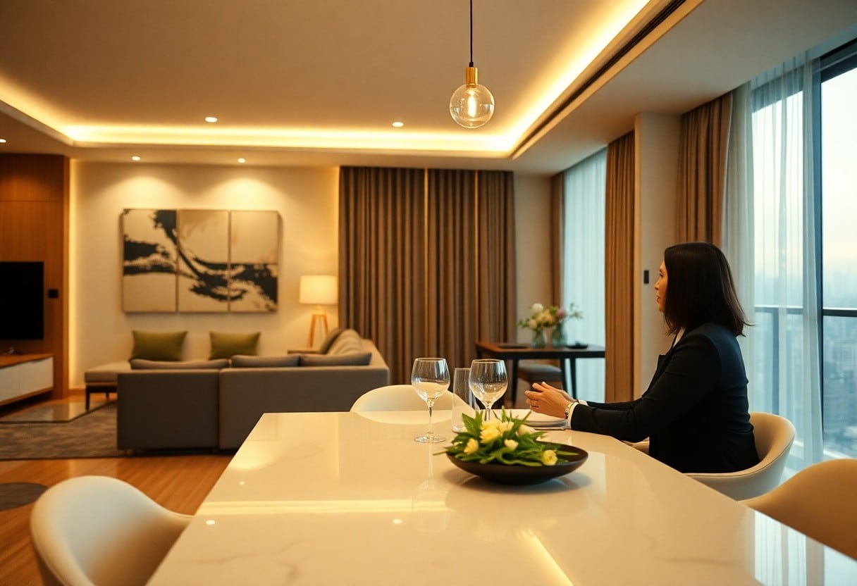 Woman sits at a modern dining table in a luxury apartment, overlooking a city view.