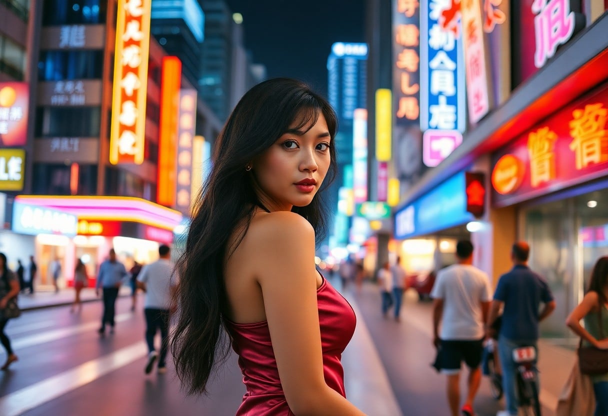 Young woman in red dress, looking over shoulder in vibrant Asian city at night.