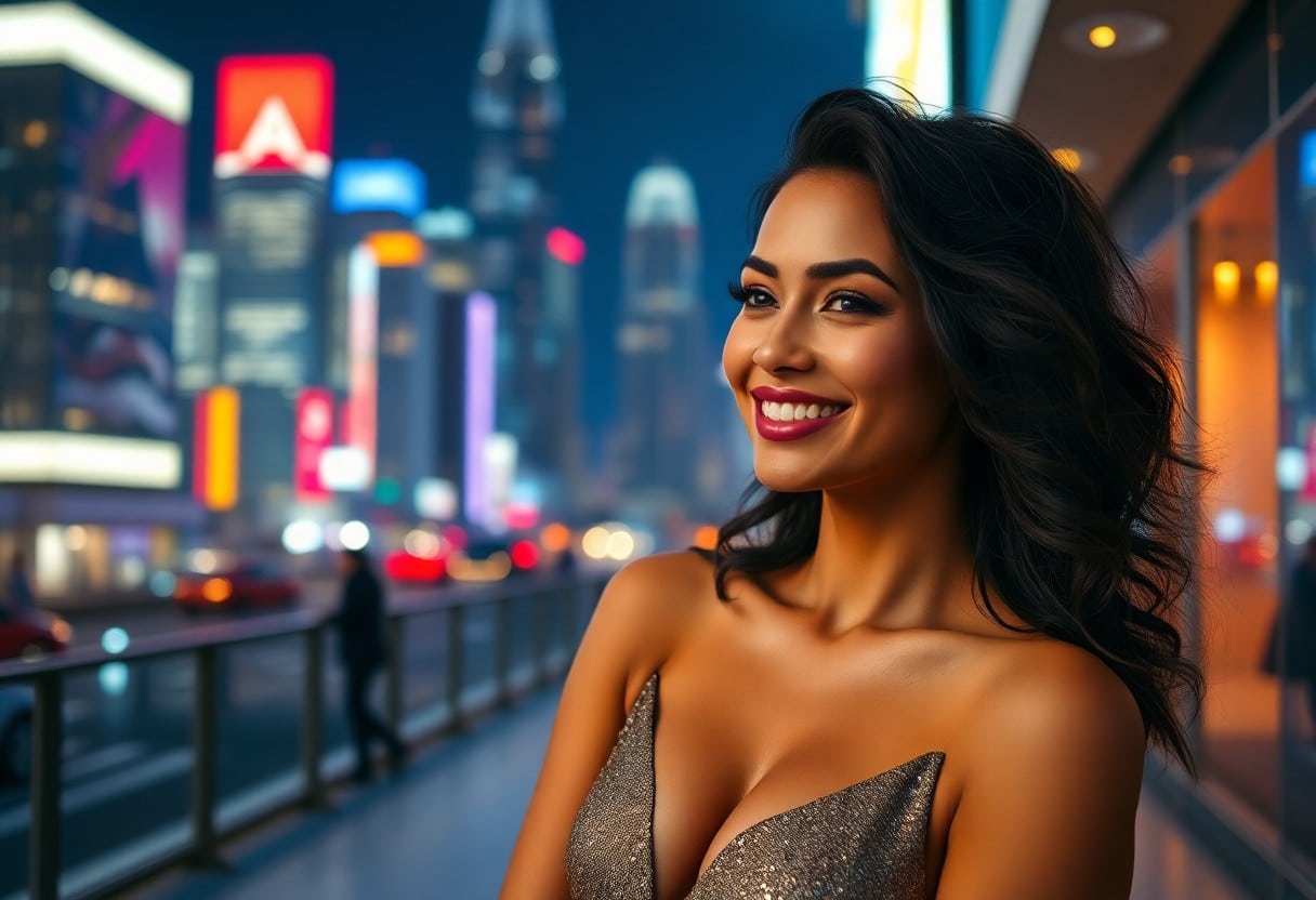 Beautiful woman in a gold dress smiles in a city at night.