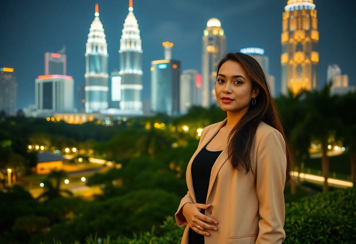 Confident businesswoman in Kuala Lumpur at night