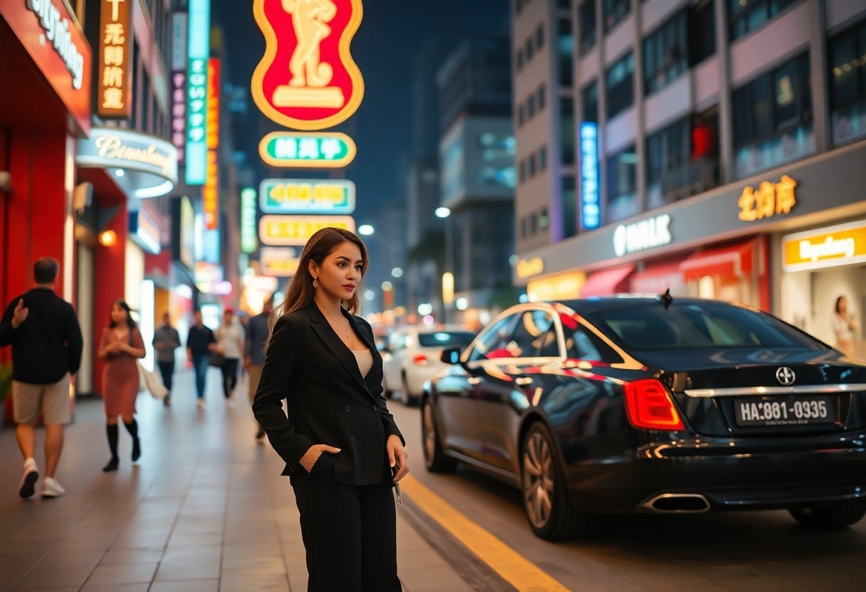 Confident businesswoman in black suit stands on city street at night.