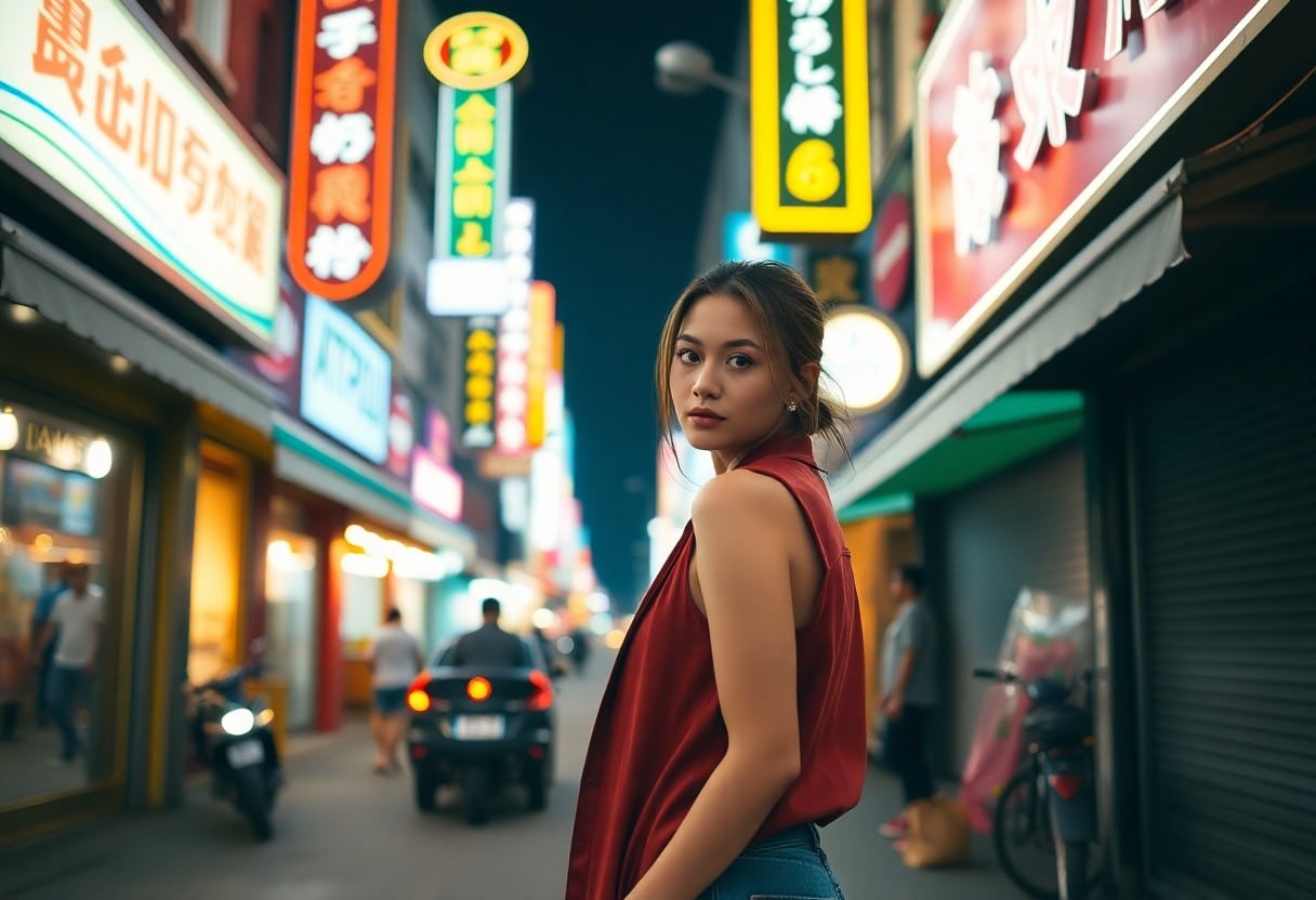 Young woman in red top turns to look over shoulder on Asian street at night.
