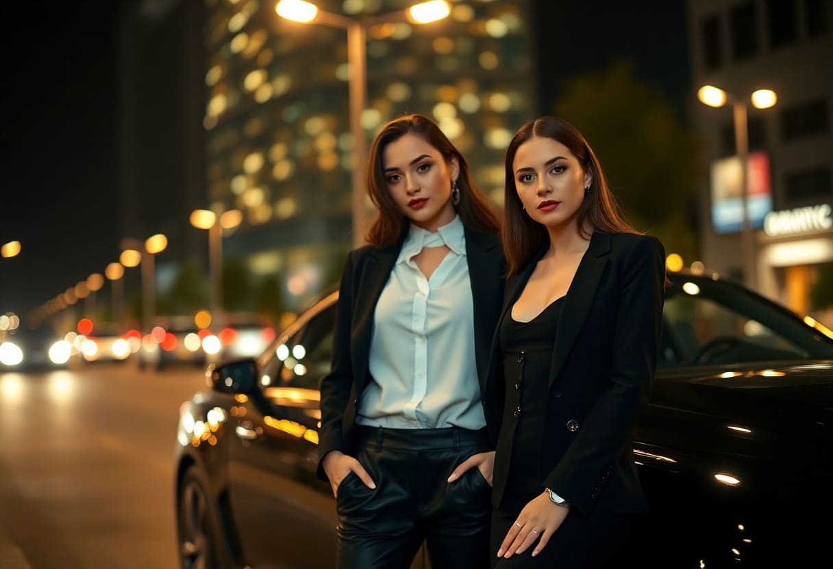 Two stylish women in black suits stand by a luxury car at night.