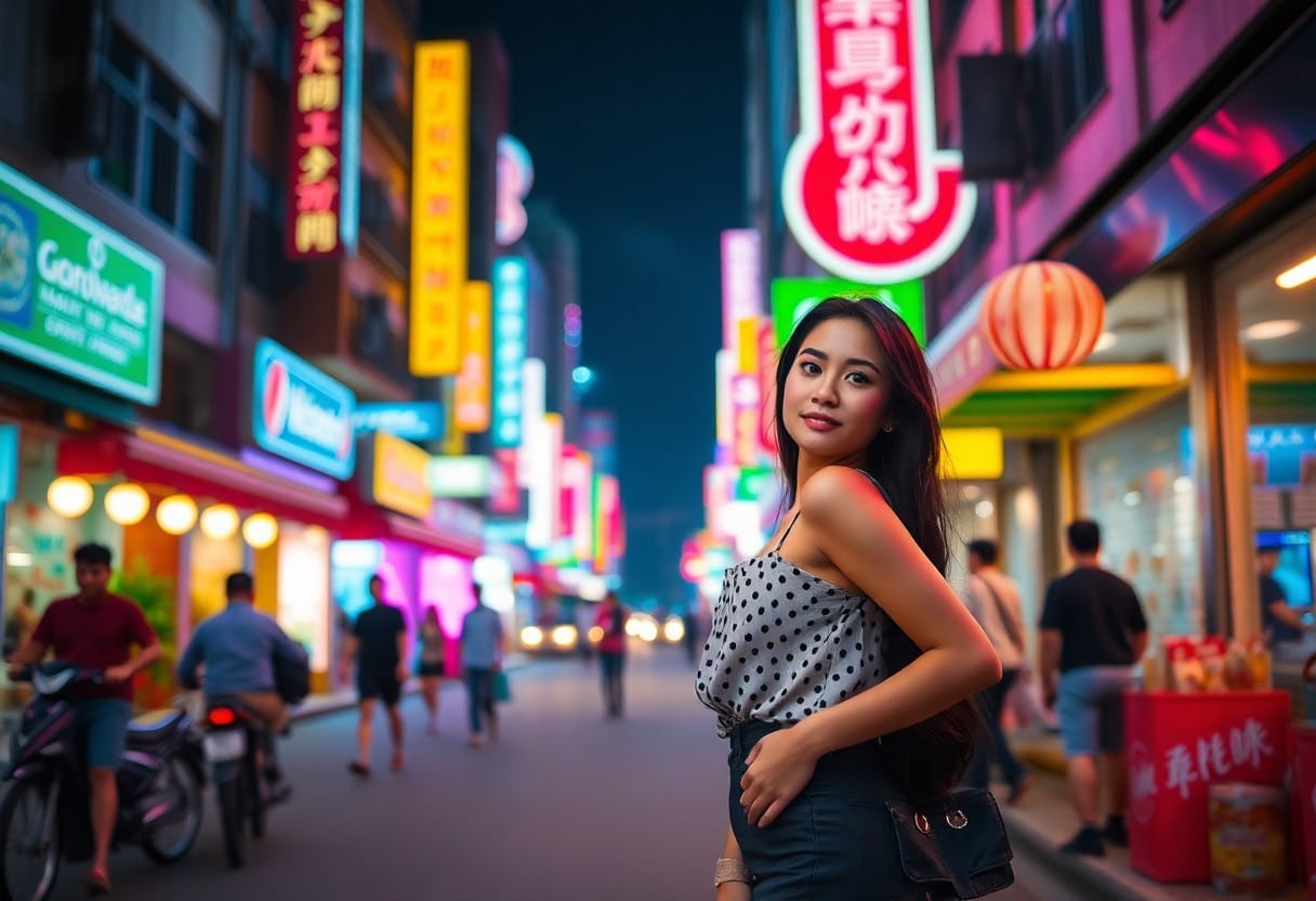 Young woman in polka dot dress poses on a vibrant, neon-lit Asian street.