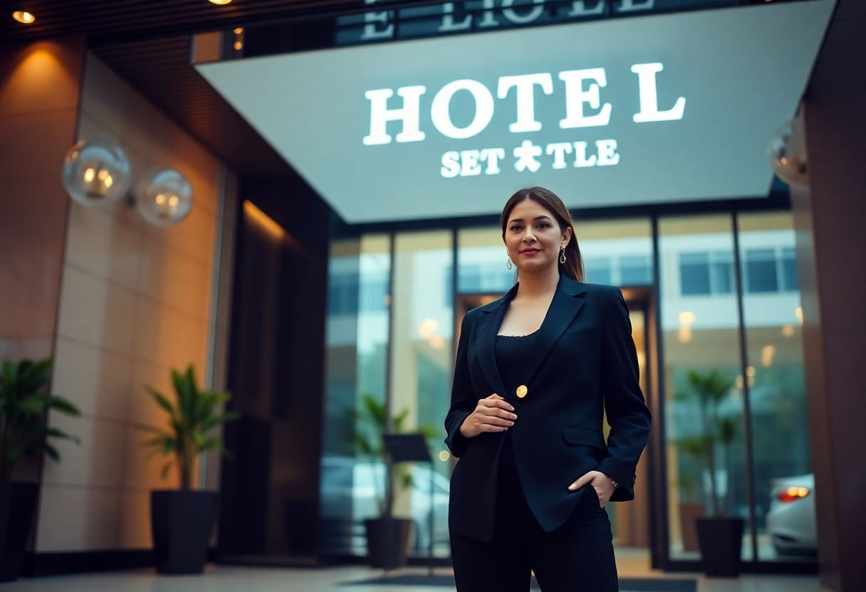 Confident businesswoman standing in front of Hotel Settle
