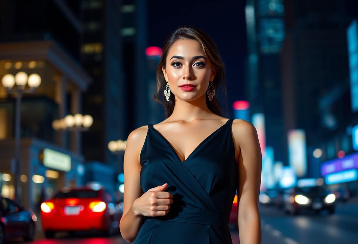 Confident woman in elegant black dress at night