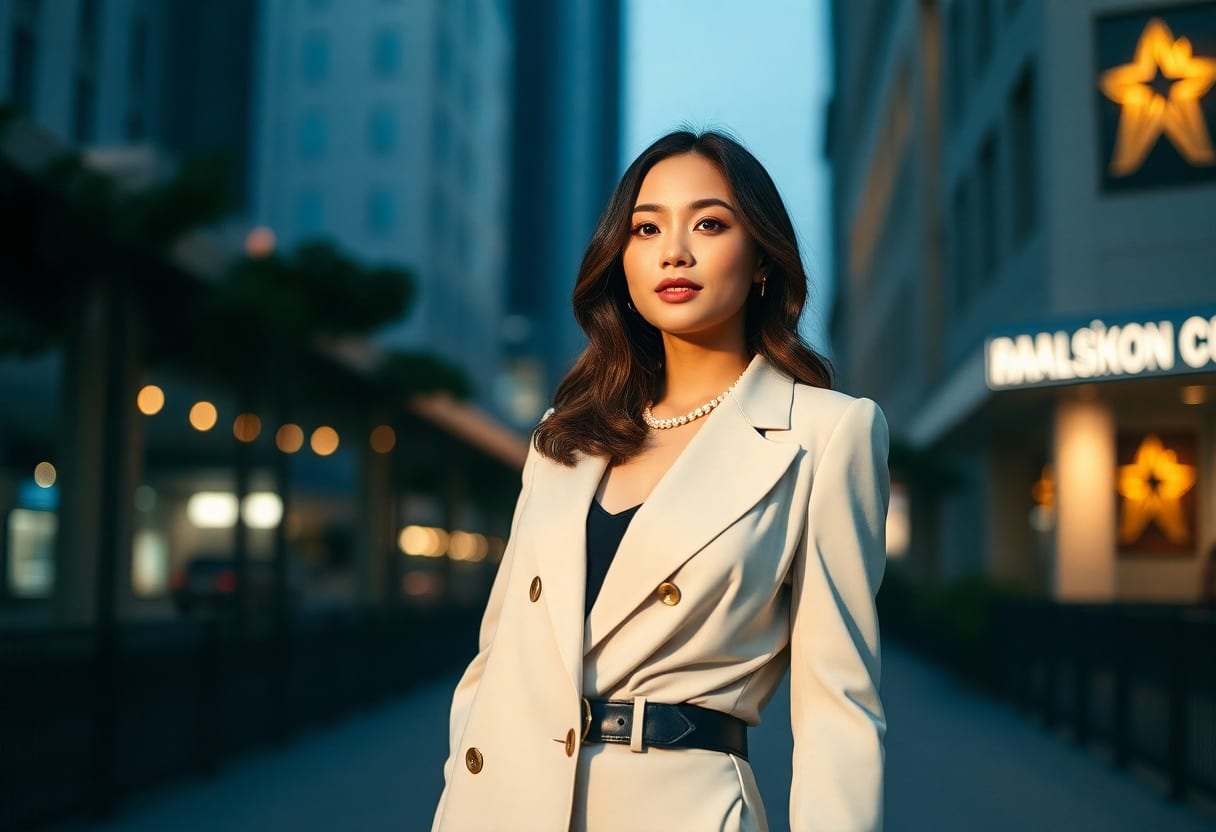 Confident businesswoman in beige suit jacket and pearl necklace stands in city at night.