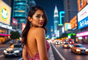 Stunning woman in pink backless dress, city night background