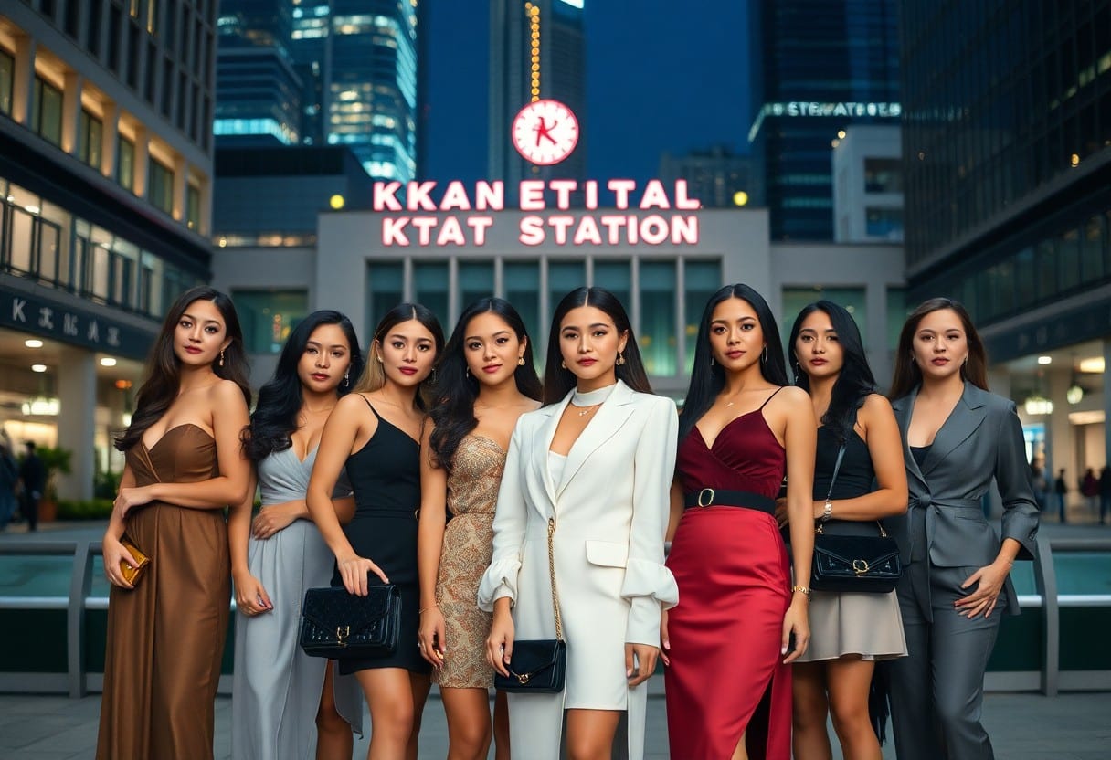 Seven stylish women pose in front of Kkan Etial Ktat Station at night.
