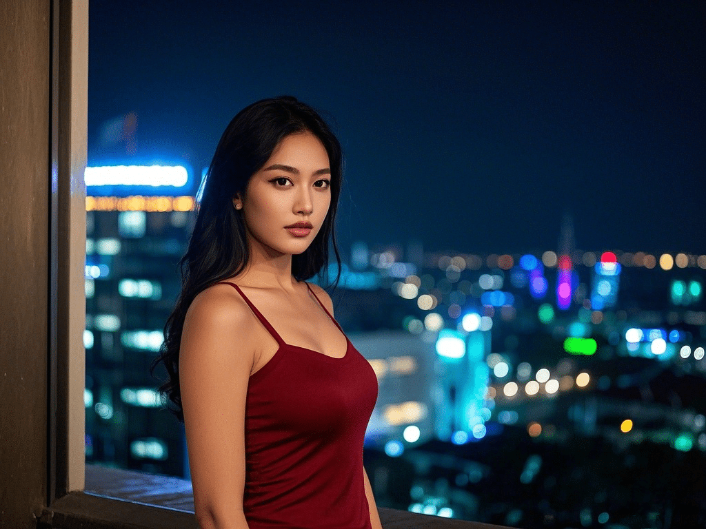 Woman in red dress looking at city lights at night