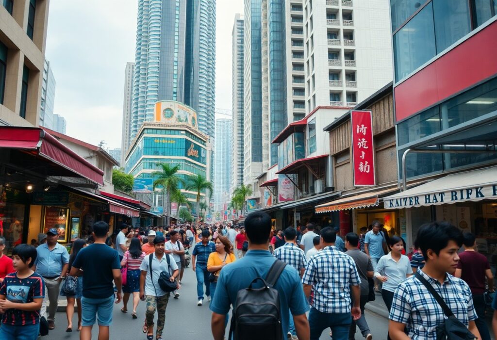 Crowded Kuala Lumpur street market with tall buildings in the background.