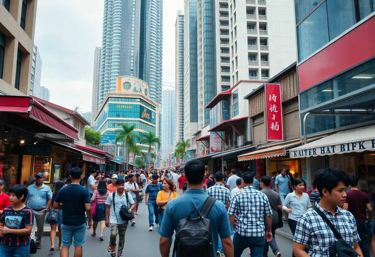 Crowded Kuala Lumpur street market with tall buildings in the background.