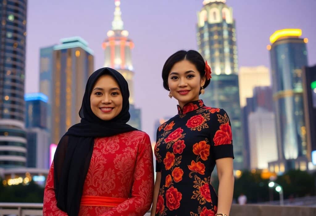 Two women in festive red and black dresses pose against a city skyline at dusk.