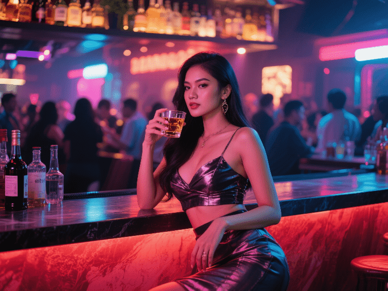 Woman in a bar with a drink, neon lights. Escort profile image.