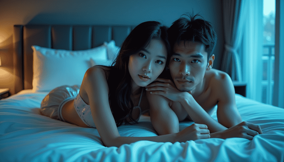Couple in bed, intimate pose, romantic lighting