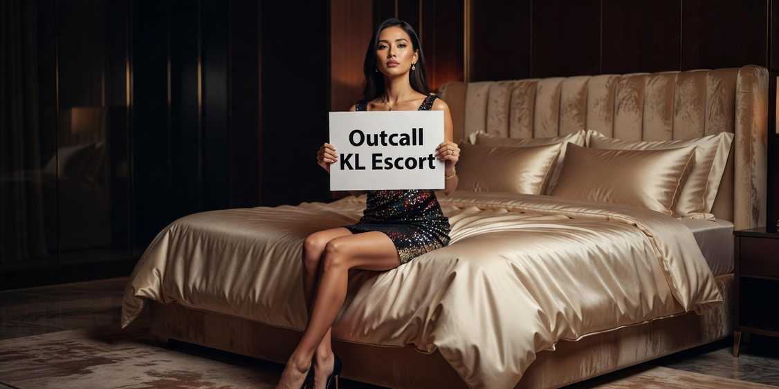 Woman holding "Outcall KL Escort" sign on a bed