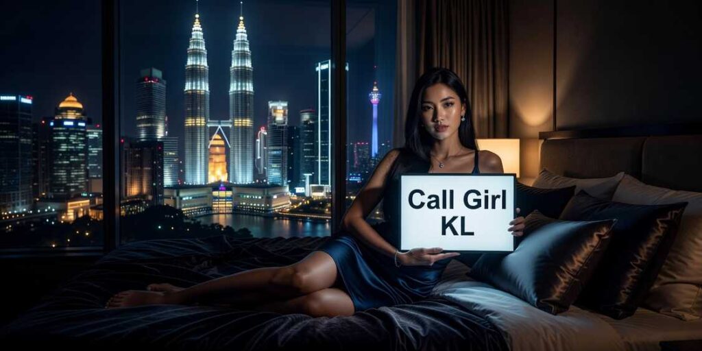 Woman holding "Call Girl KL" sign in a hotel room with Kuala Lumpur skyline