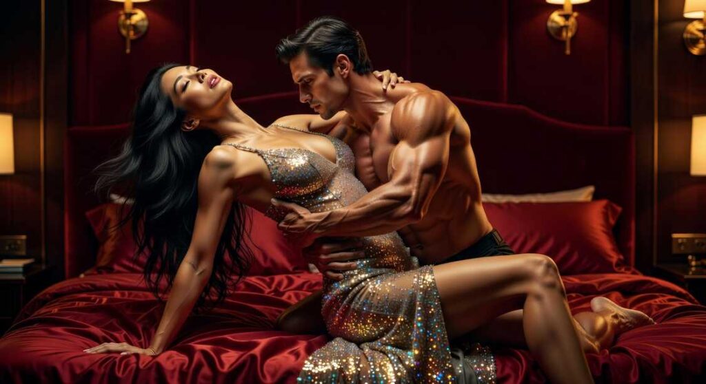 Couple embracing romantically on a red satin bed