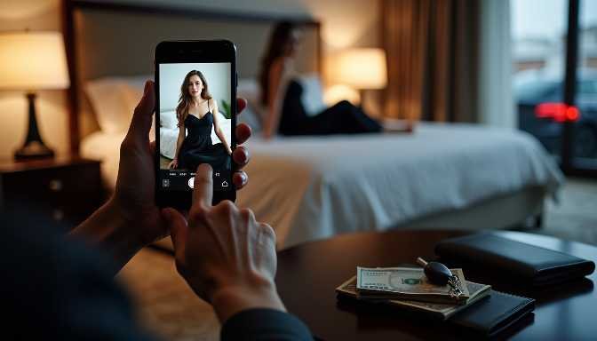 Woman takes photo of friend in hotel room with phone