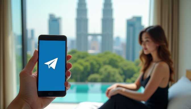 Hand holding smartphone with Telegram app open, woman in background with city view