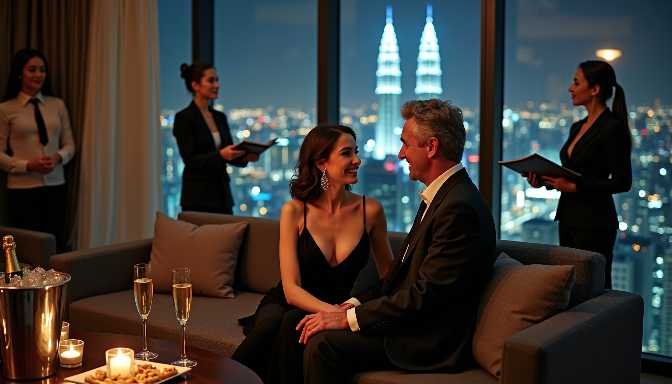 Couple in formal wear enjoying drinks in a luxurious hotel suite with city views