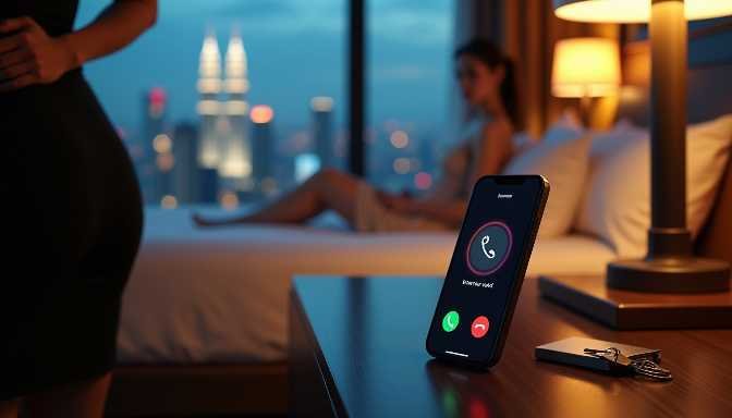 Smartphone on table showing incoming call screen, with couple in background