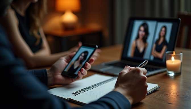 Couple reviews dating profiles on phone and laptop