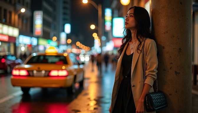 Woman leaning on pole at night with yellow taxi in city