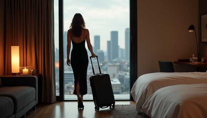 Woman with suitcase by hotel window overlooking city skyline