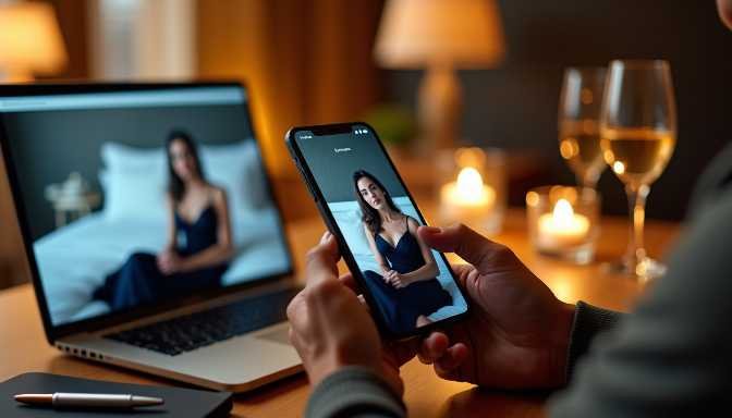 Person on video call with a woman in a blue dress, laptop and phone.
