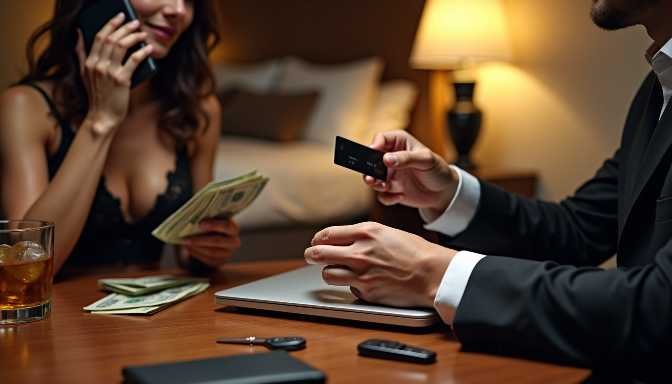 Couple in hotel room with money, credit card, and laptop