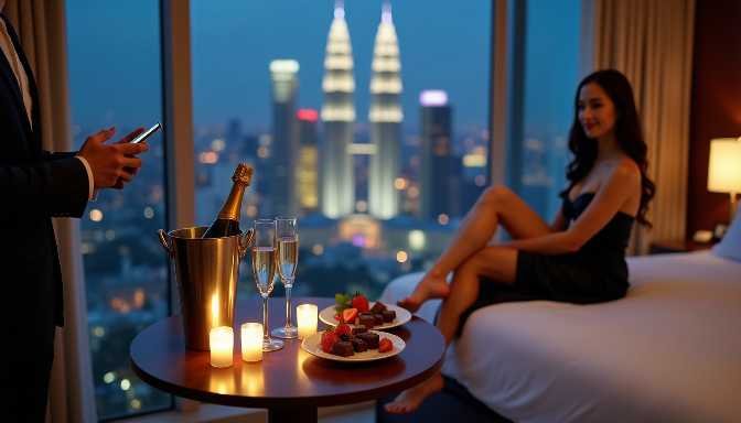 Couple enjoying champagne and dessert in a hotel room with city view