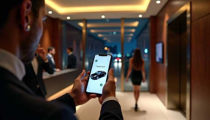 Man uses smartphone app to control a car in a modern hotel lobby.