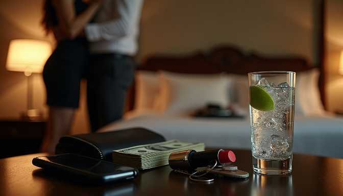 Couple embracing in a hotel room with a drink and personal items on a table
