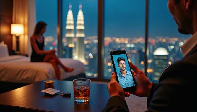 Man on phone looking at picture of another man with woman in background