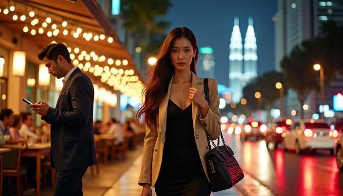 Elegant Asian businesswoman walks down a city street at night with skyscrapers in the background.