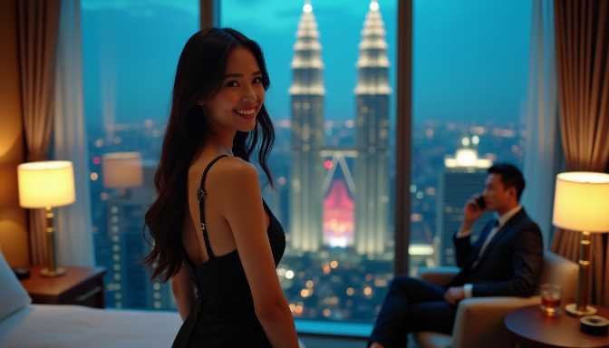 Young woman in black dress smiles at camera with Kuala Lumpur skyline and Petronas Towers behind her.
